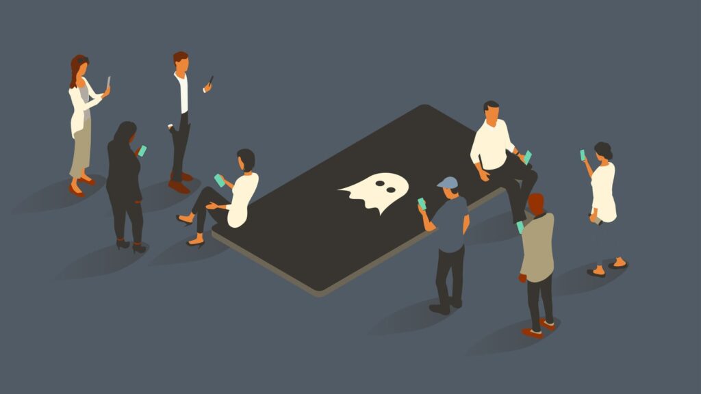 people surround an oversized phone with a ghost icon on-screen