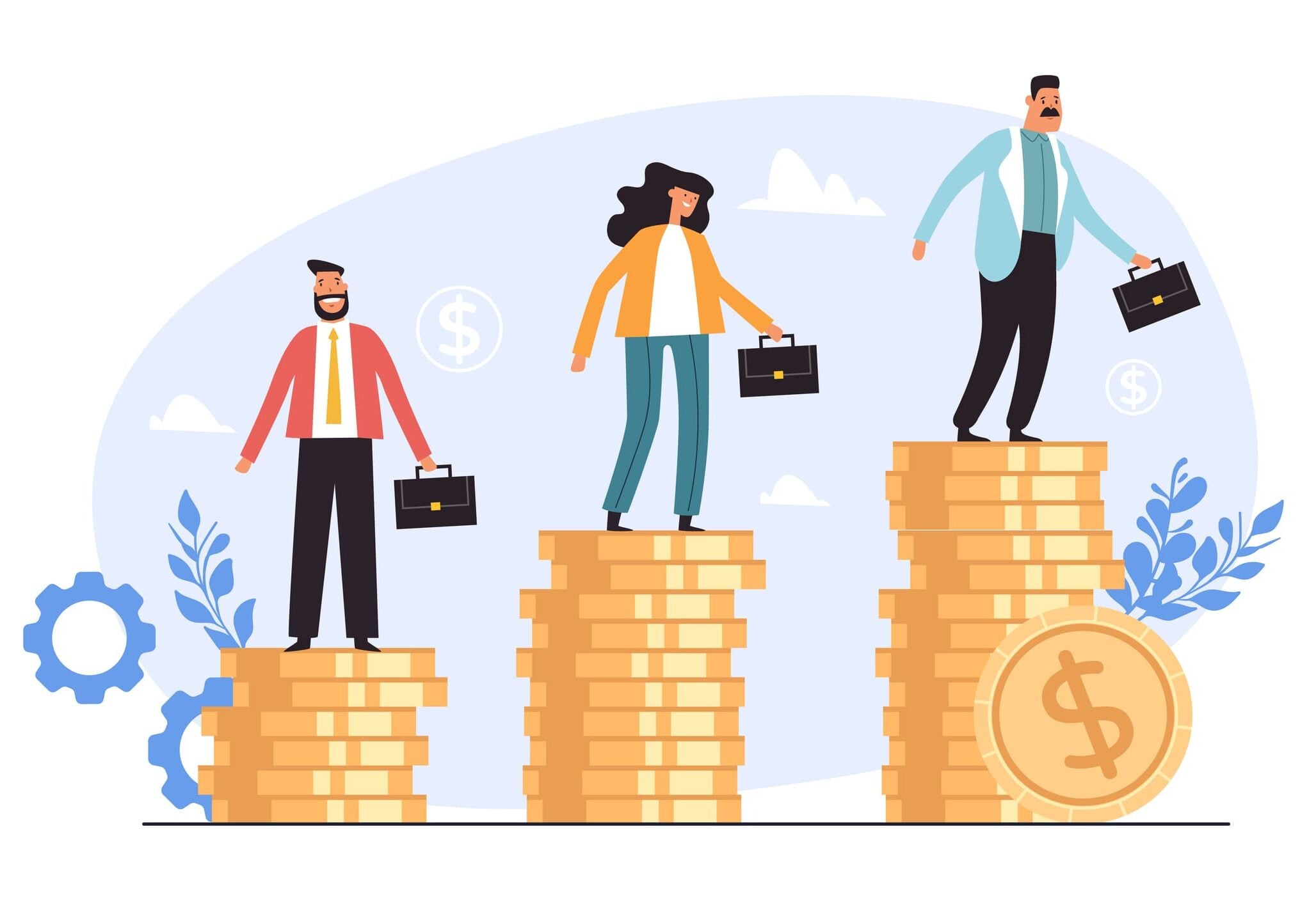 Business people office workers standing on different stack golden coins.